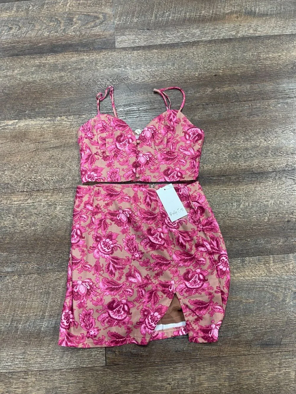 Pink Floral Coquette Matching Set Bustier Crop Top Mini Skirt NWT Size 8